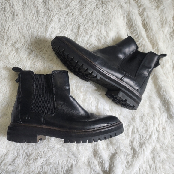 Timberland Black Leather Chelsea Ankle Boots Stretchy Elastic Women's Size 9 - Picture 1 of 7